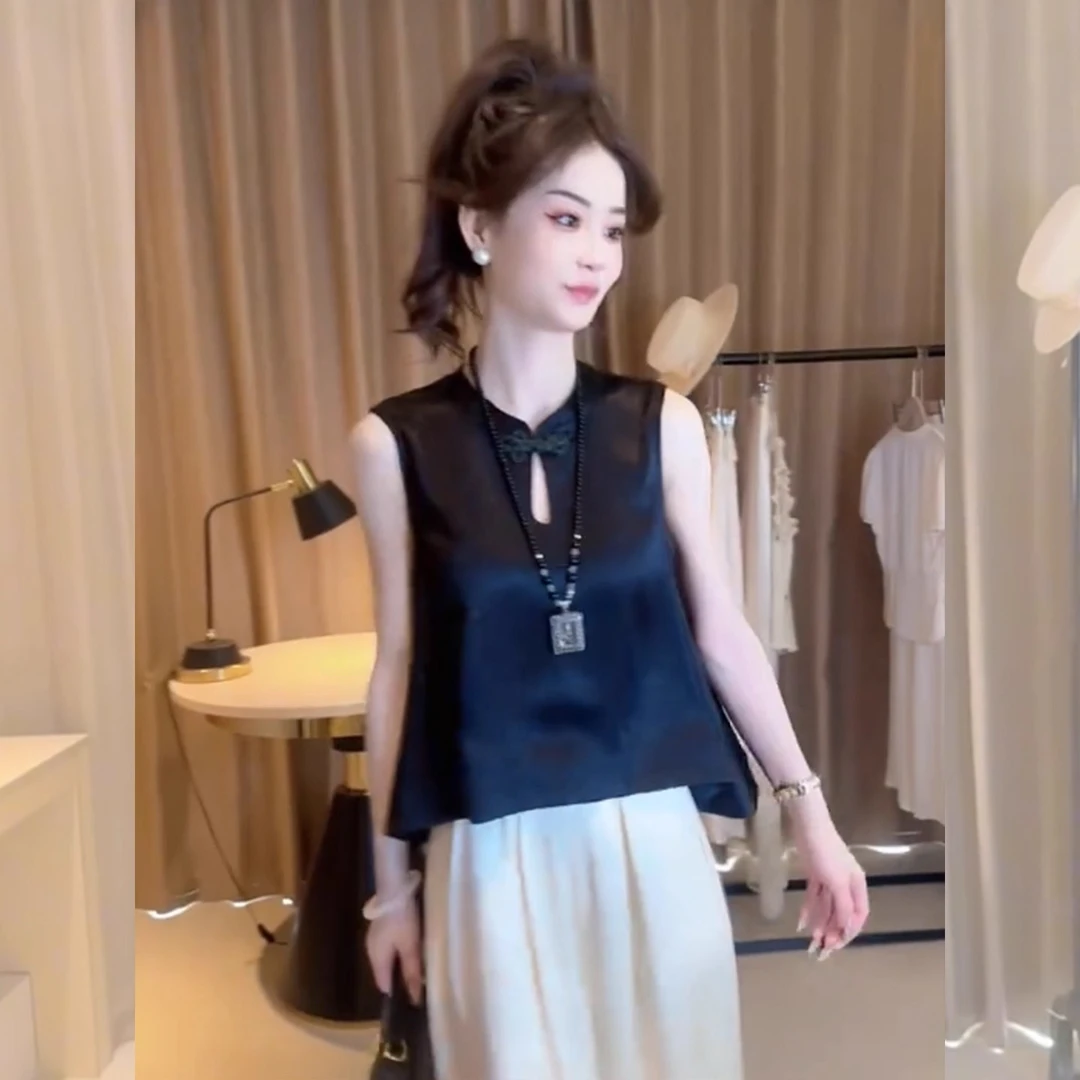 新中式盘扣缎面背心衬衫女夏新款高级感宽松显瘦洋气别致小衫上衣