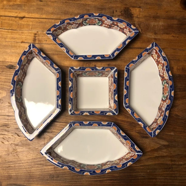 日本雅山款古伊万里满绘旋转五格组合套盘瓷盘菜盘干果盘瓜果盘