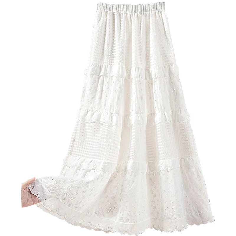 丝柏舍2025夏季新款女装中长款A字镂空拼接高腰半身裙S51P0056B