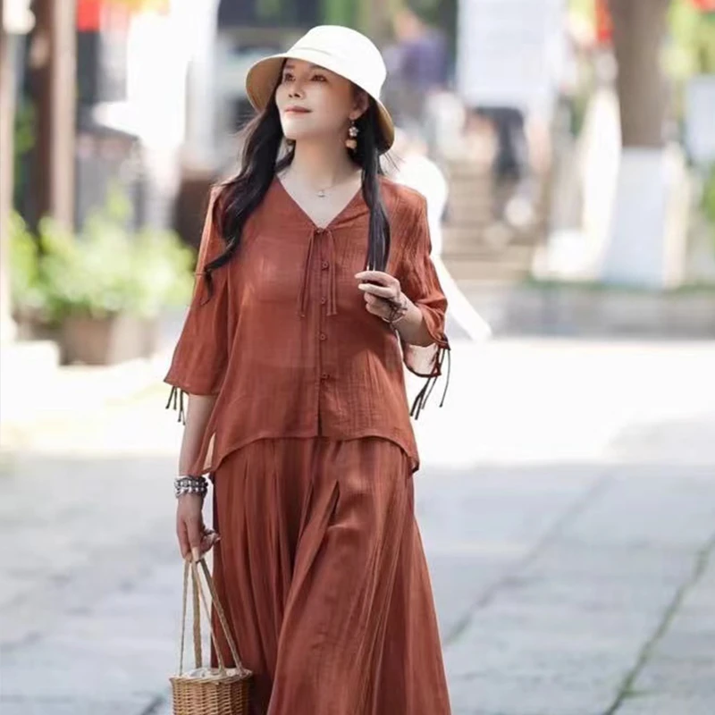 复古苎麻内里包边V领衬衫女夏新款文艺宽松百搭显瘦国风上衣