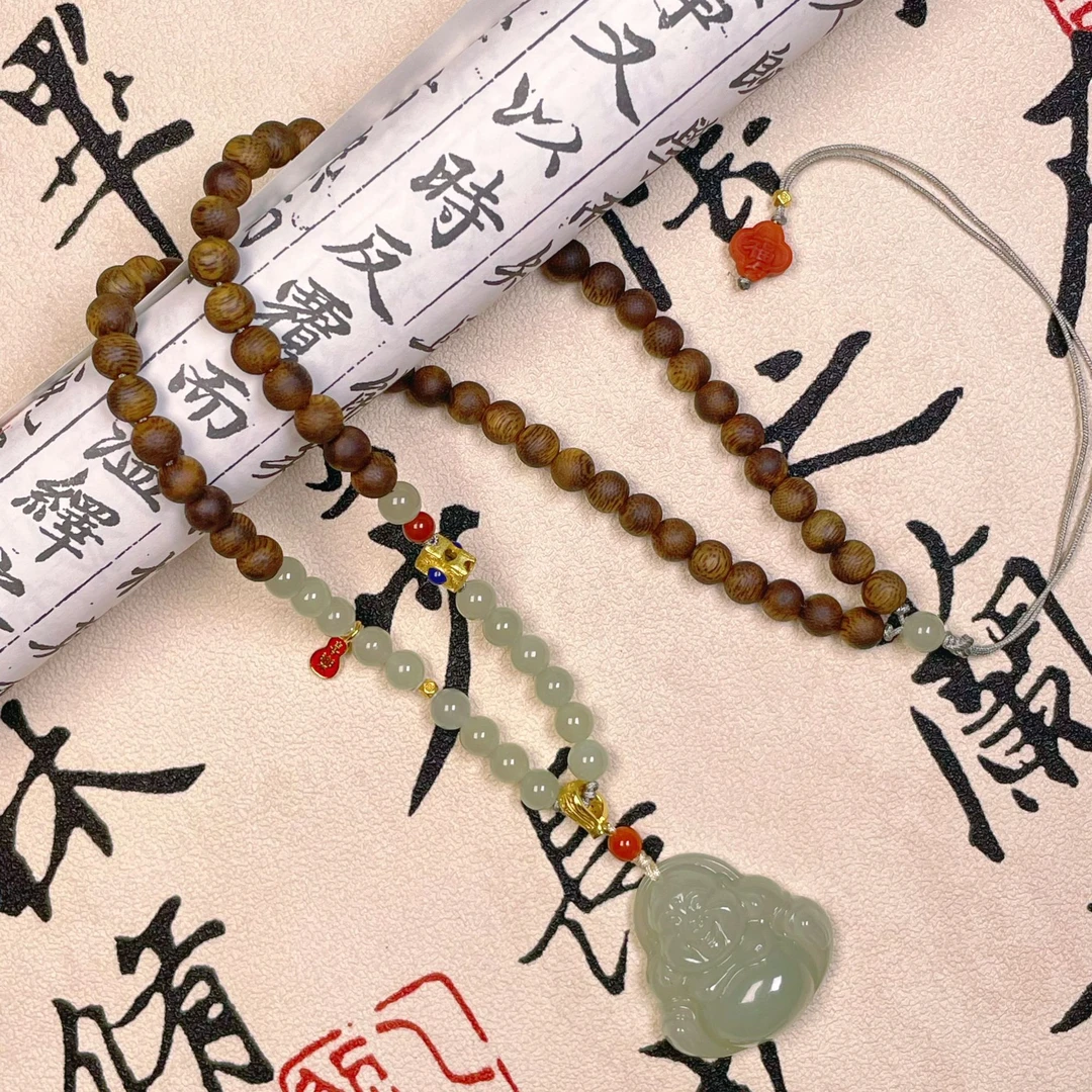 沉香【禅意】天然沉香6mm 晴水料和玉田弥勒吊坠30*30*10 珍藏品