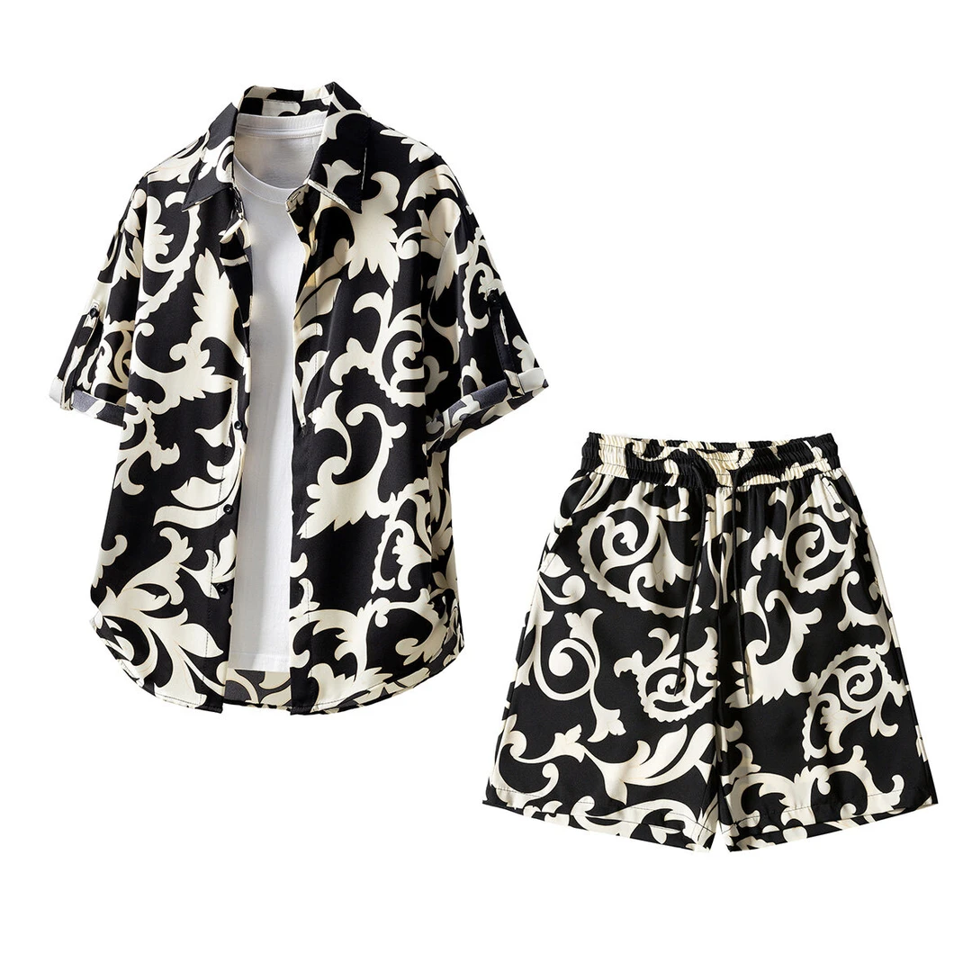 花衬衫套装男夏季潮流薄款大码凉感衬衣短裤海边度假沙滩风两件套
