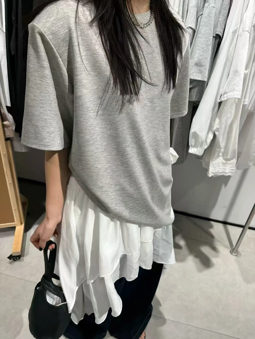 ▪️现货·東R简约纯色圆领慵懒风宽松太空垫肩短袖t恤女潮
