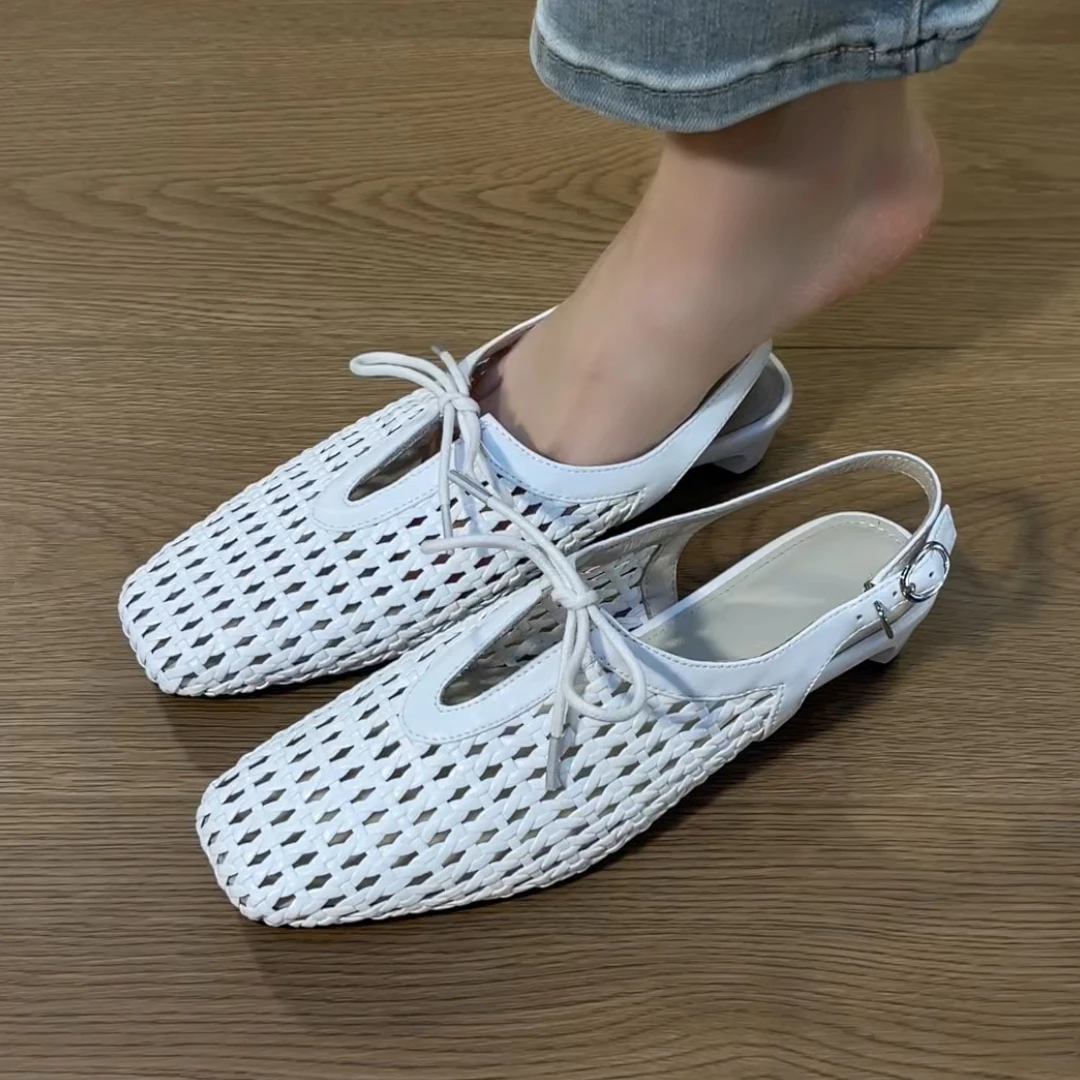 2025年新款法式编织系带透气凉鞋女夏外穿夏季舒适百搭方头凉鞋女
