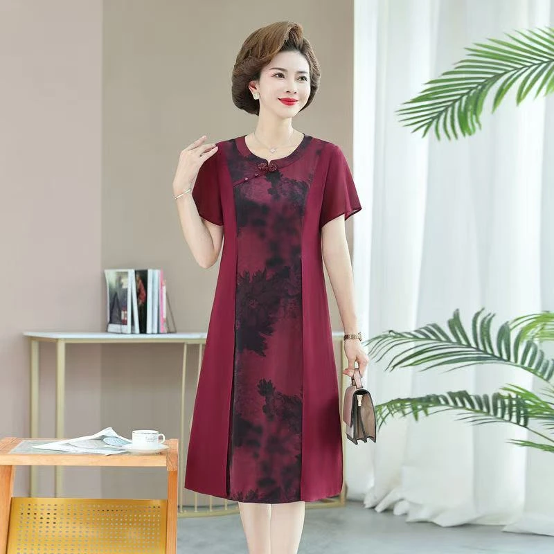 8759-妈妈夏季气质高贵时尚连衣裙新款旗袍裙子薄款【货位E仓东】
