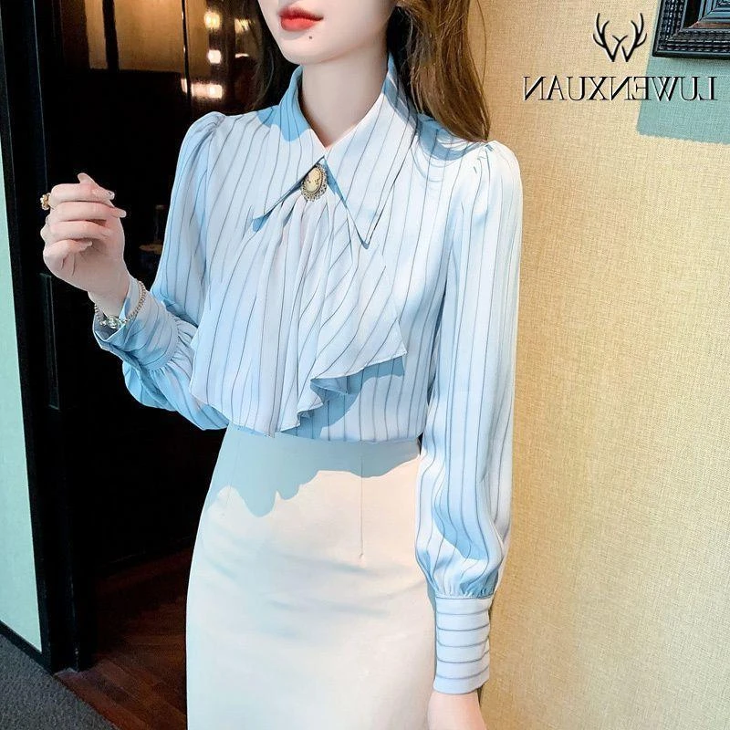 条纹衬衫女士春秋装2024年新款法式洋气时尚上衣气质长袖职业衬衣