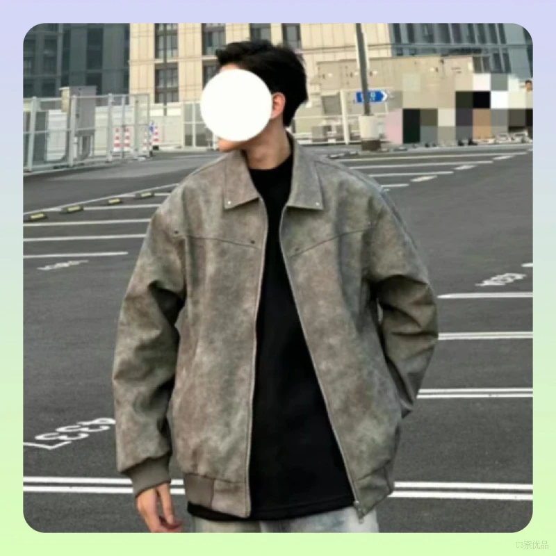 皮美式复古铆钉夹克男春秋款保暖翻领棒球服美拉德情侣皮衣外套