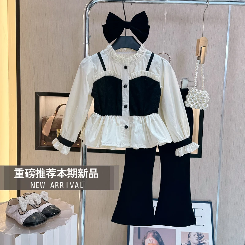 女童套装春装2025新款洋气儿童秋装假两件衬衫女宝宝两件套秋季潮