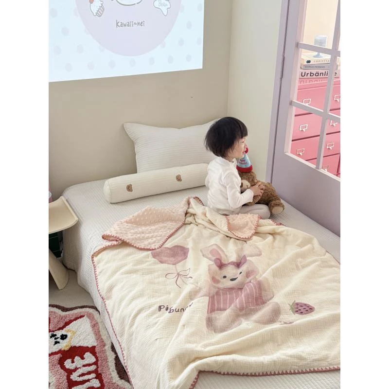 美玲 全棉双层纱拼豆豆绒午睡毯毛毯牛奶绒加厚双层单人