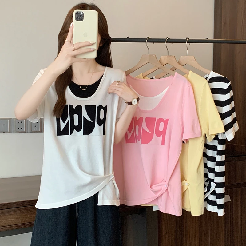 大码女装2025夏季新款休闲常规宽松韩版短袖印花通勤圆领T桖50027