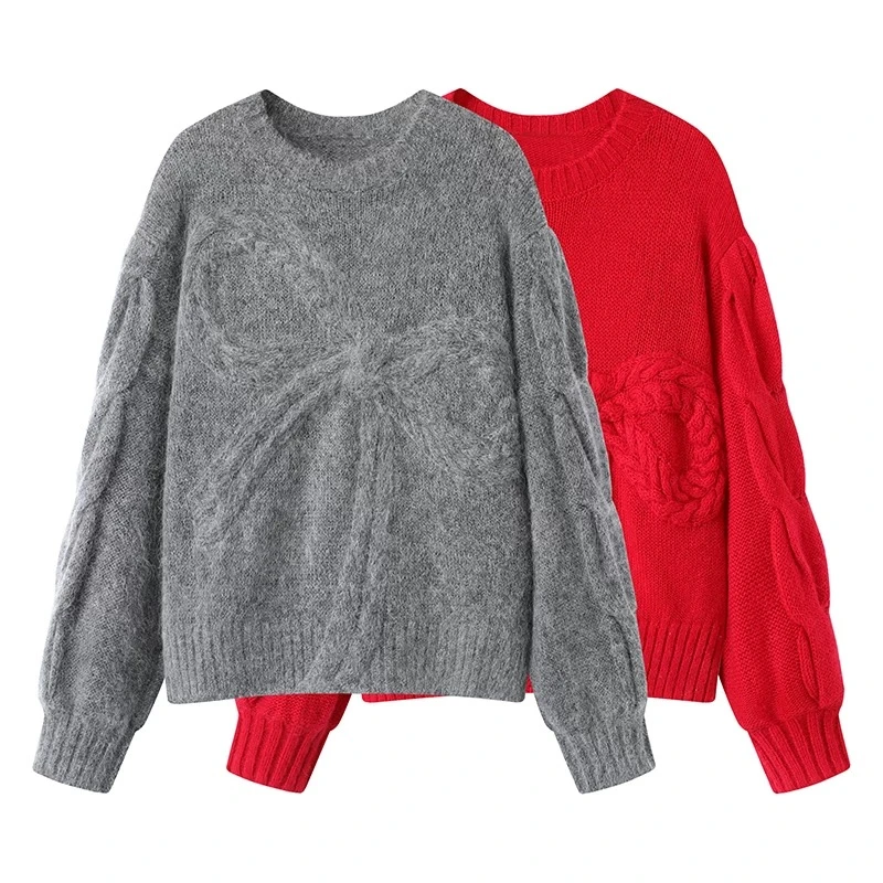 158冬季新款针织衫套头长袖圆领红色毛衣