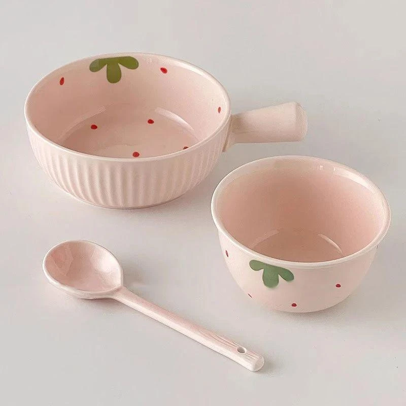 【2025新款】奶油粉草莓手把面碗大容量泡面碗米饭碗陶瓷餐具碗勺