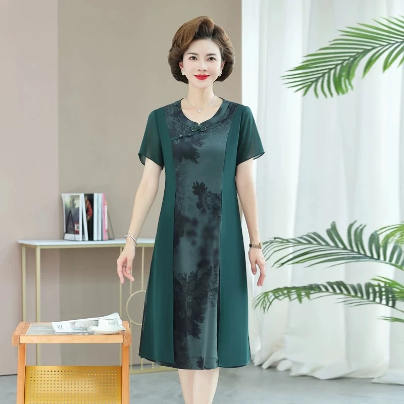 23162改良旗袍连衣裙2025夏季新款中老年复古民族风短袖气质裙子