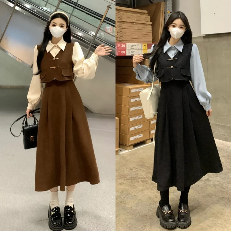 大卖大码女装2025秋冬新款法式复古拼接学院风假两件磨毛灯芯绒连