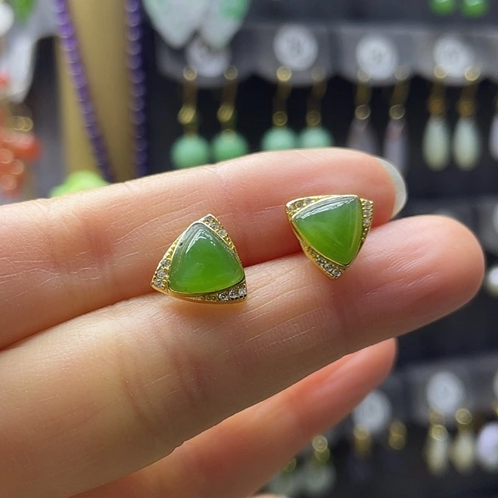 和田玉银S925镀金镶嵌耳饰