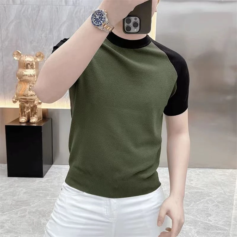 高档圆领拼色针织短袖T恤男士夏季轻奢时尚休闲半袖体恤男装25208
