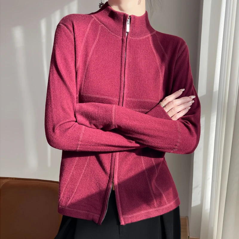 精纺羊毛立领双拉链开衫LULU同款休闲时尚百搭显瘦长袖户外春秋