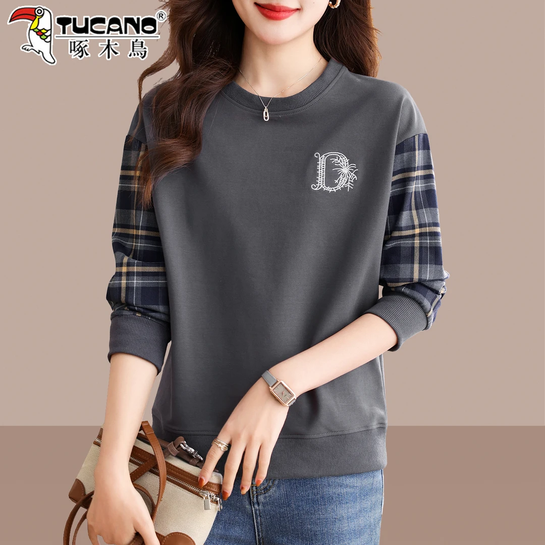 啄木鸟拼接卫衣女春秋款2025新款爆款小个子宽松休闲短款长袖上衣