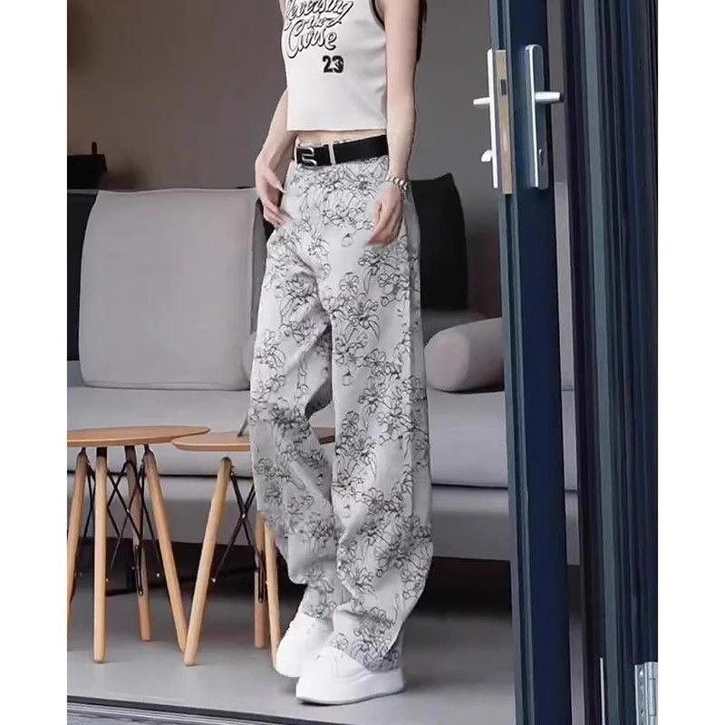 2025春夏季大码女装复古刺绣阔腿牛仔裤梨形身材显瘦宽松拖地裤