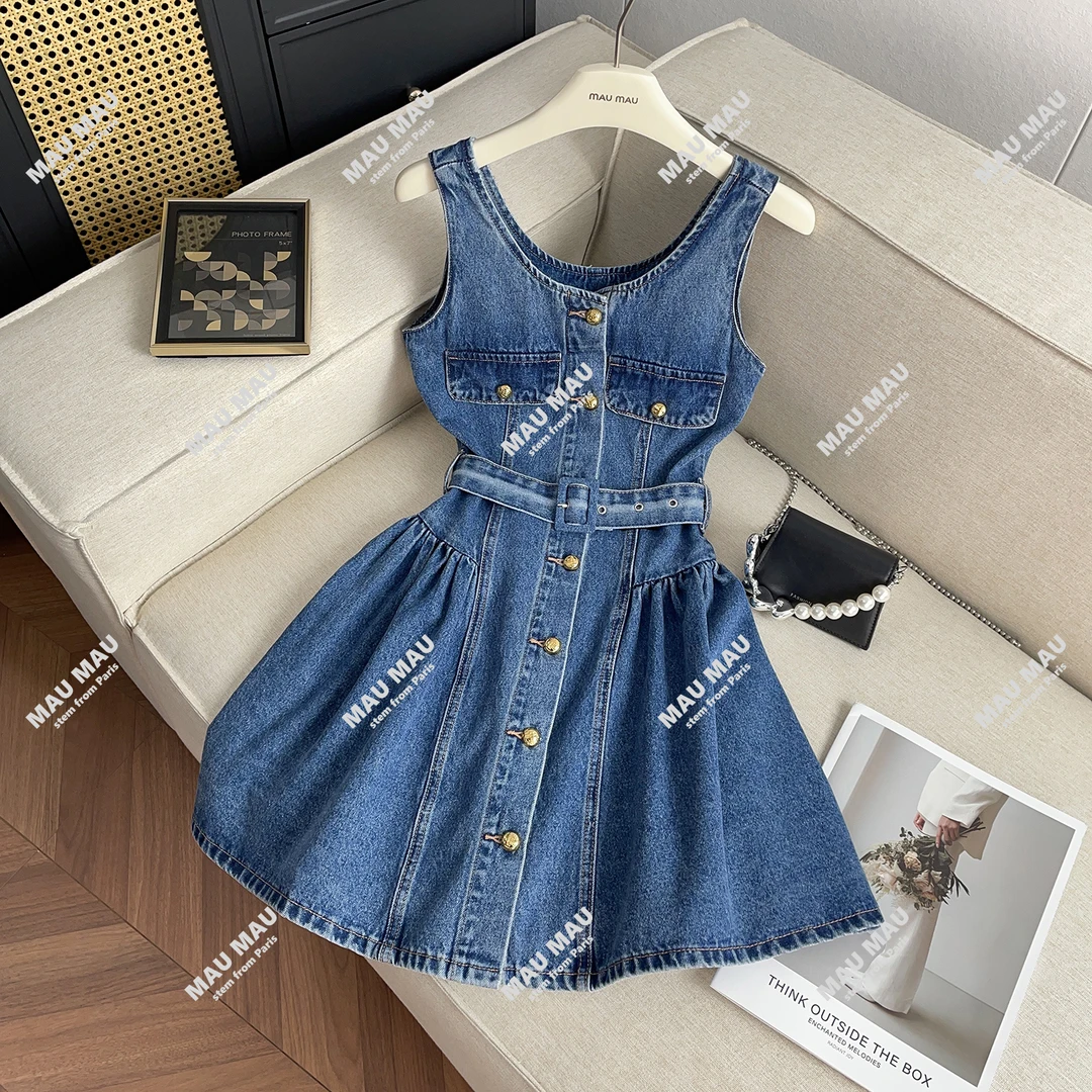 高端女装夏季法式设计感腰带牛仔吊带连衣裙女MU1491
