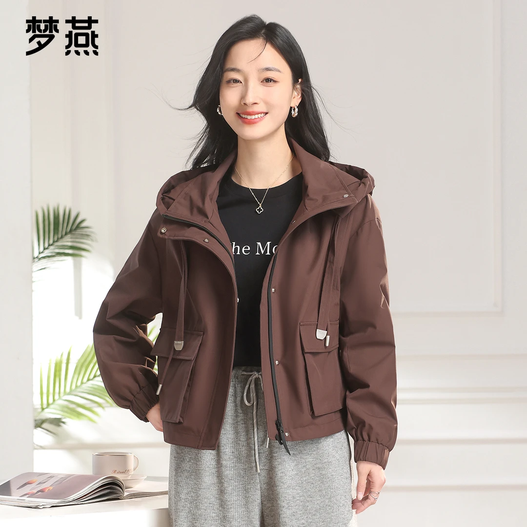 梦燕春秋女工装纯色时尚百搭连帽宽松休闲长袖显瘦外套AA09B5008D