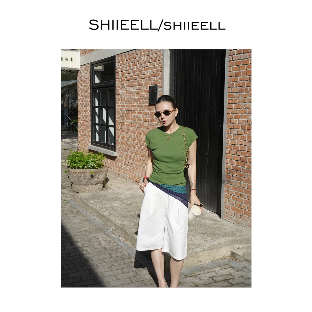 SHIIEELL纯色修身棉质绿色舒适简约时尚洋气百搭插肩短袖T恤Z3656