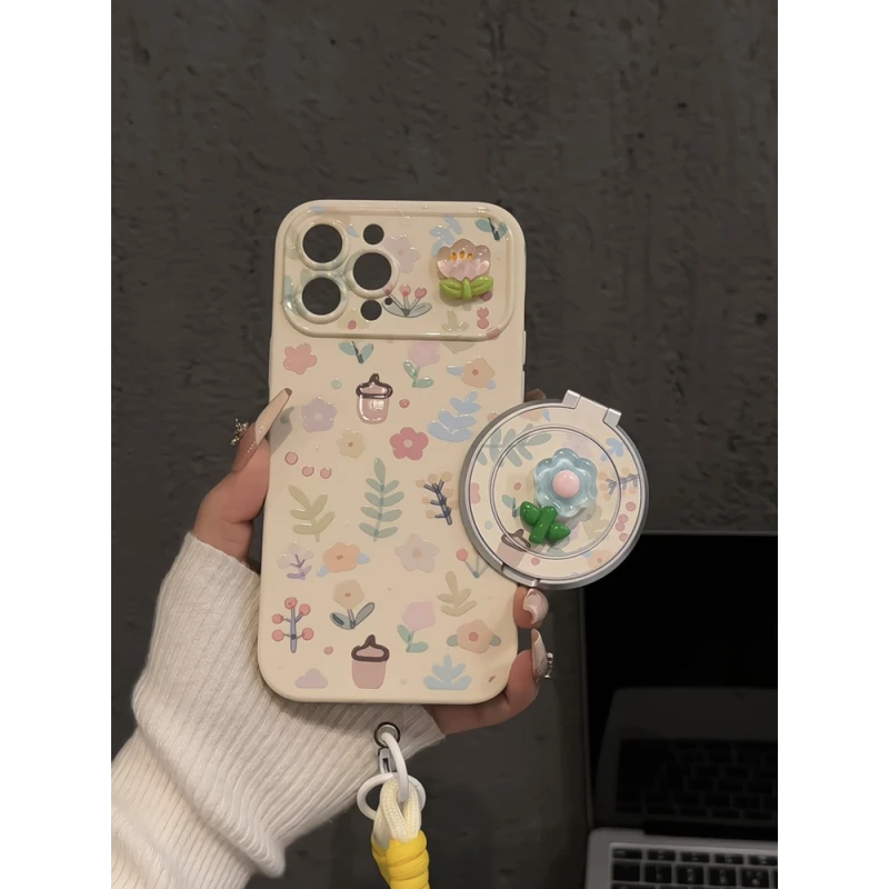 彩色花叶适用苹果16pro手机壳iphone15防摔磨砂大视窗女华为p卡通
