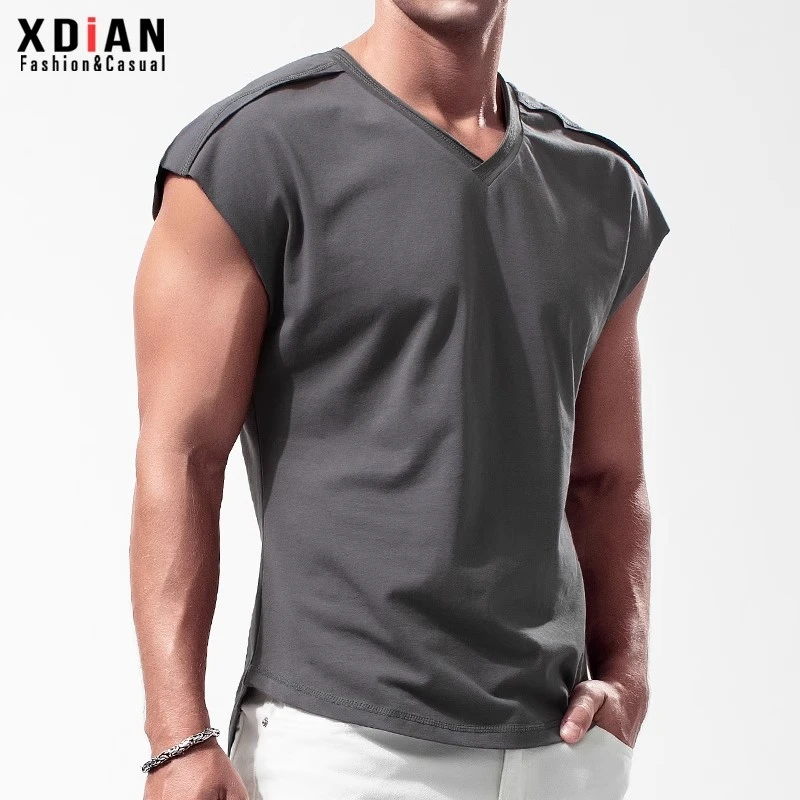 XDIAN/续点落肩无袖T恤男宽松运动健身V领男士宽肩背心夏季坎肩