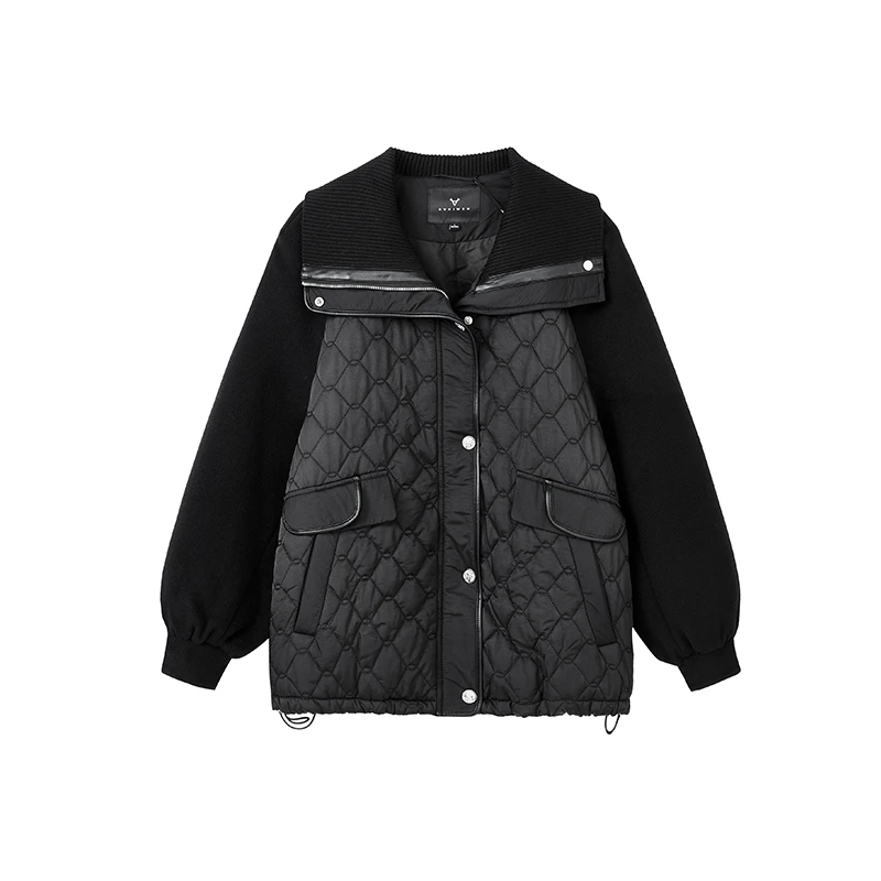 【籽言专属】休闲百搭外套秋黑色宽松菱形格毛呢大衣X09BDS8685