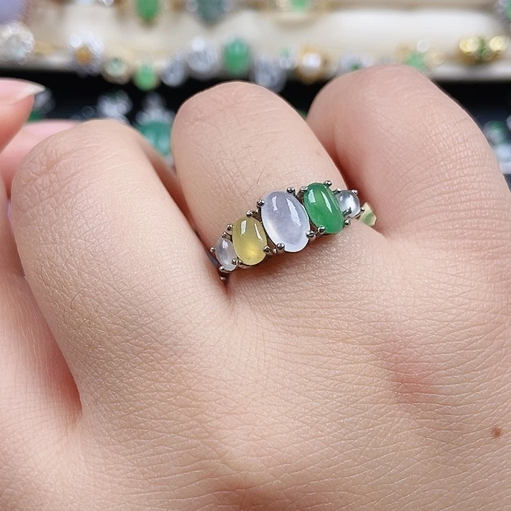 翡翠戒指银S925镶嵌多宝排戒