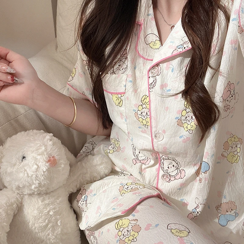 日系MIKKO春秋短袖睡衣少女款长袖泡泡棉夏季三件套甜妹风家居服