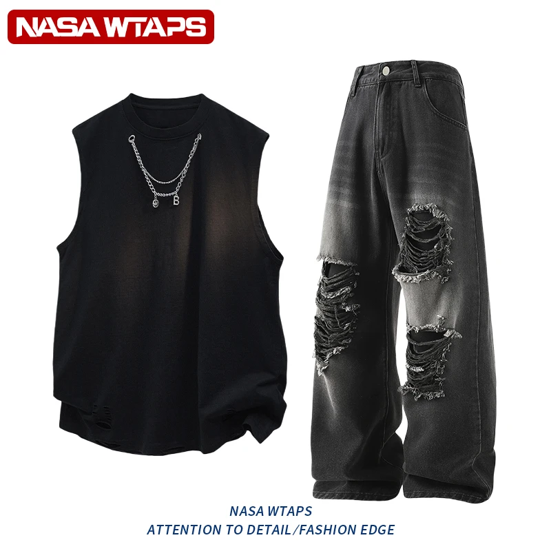 NASA WTAPS背心套装夏季男款美式潮牌宽松破洞两件套轻奢痞帅男装