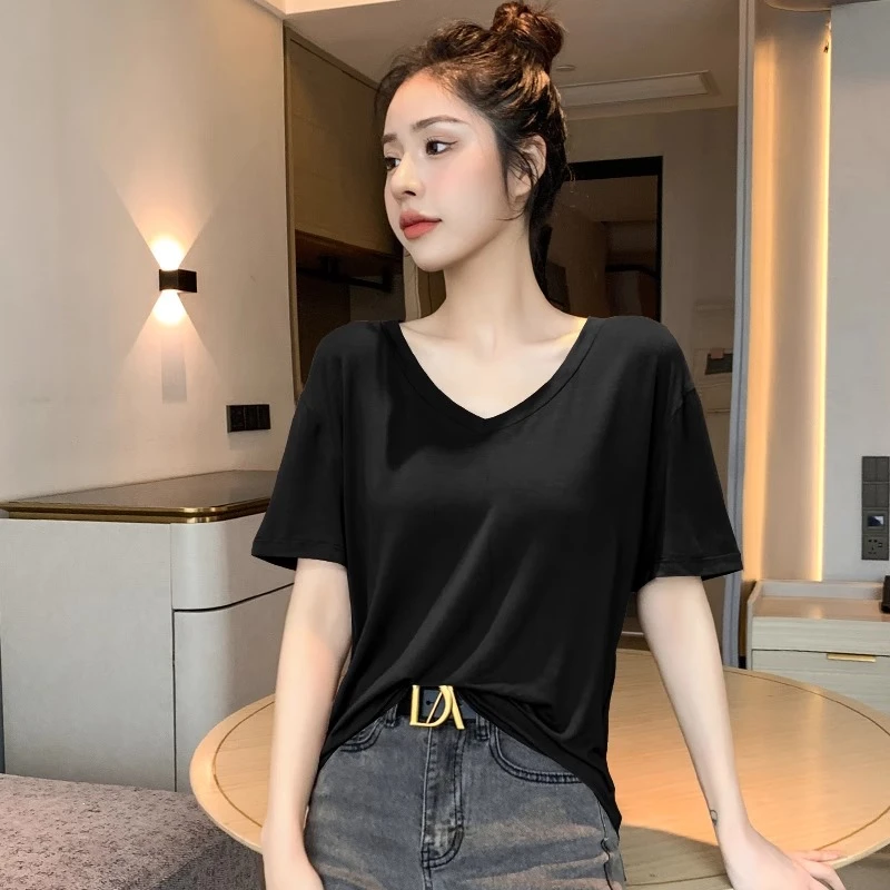 v领宽松莫代尔短袖t恤女休闲半袖2025年新款夏季薄款百搭大码上衣