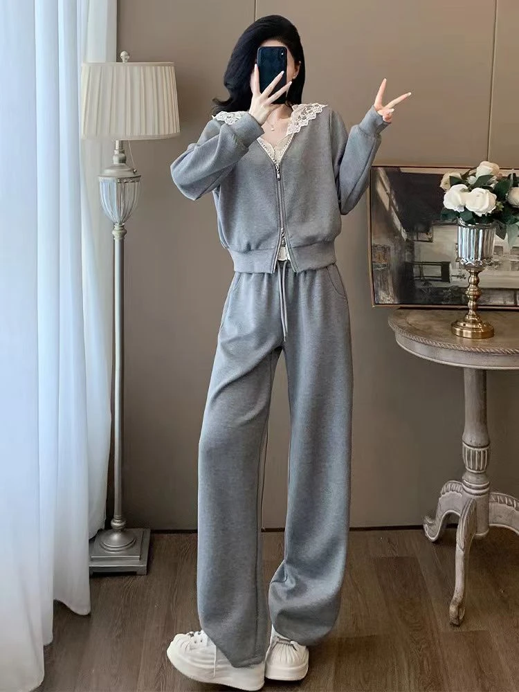 4001早春穿搭一整套小个子定制蕾丝拼接卫衣套装网红炸街两件套