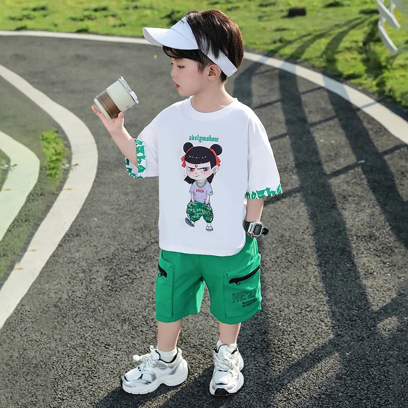 哪吒衣服男童夏季套装2025新款酷帅时髦宝宝短袖小男童装儿童夏装