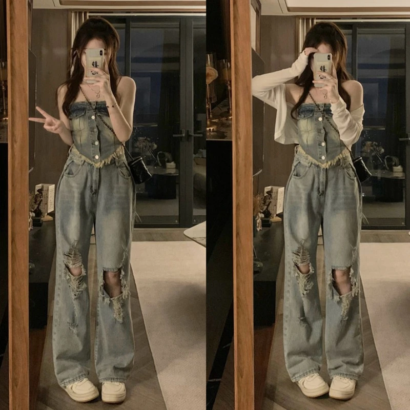 2025新款牛仔抹胸背心直筒破洞牛仔裤两件套牛仔时尚套装女0818#