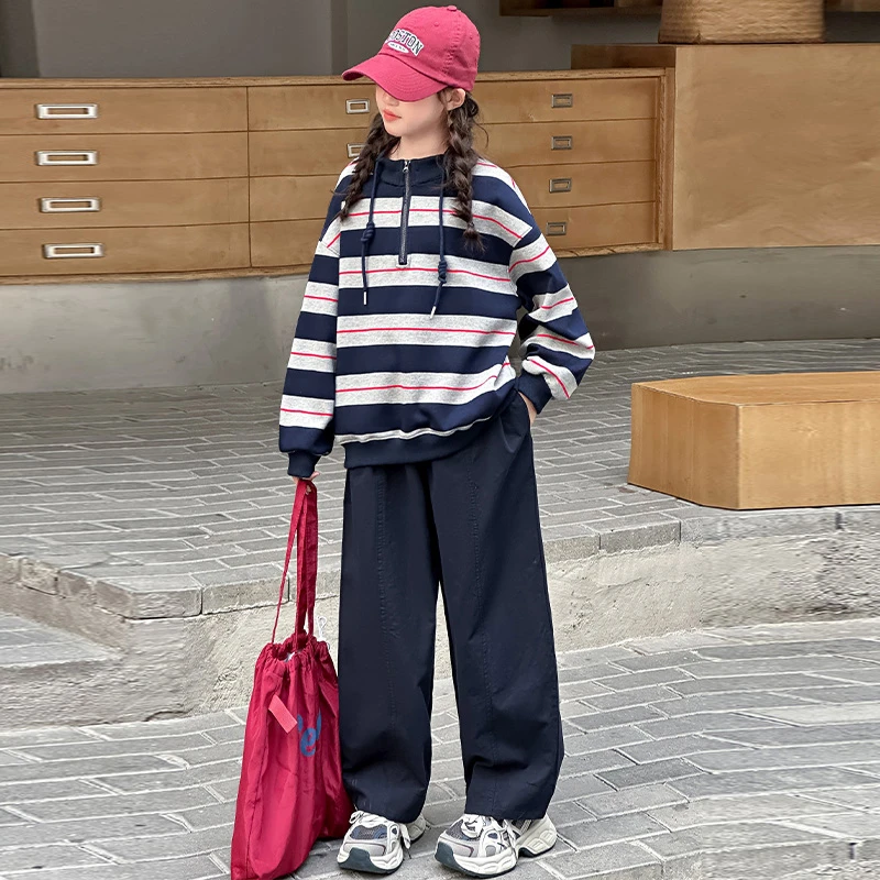 女童时髦洋气套装秋装2025新款网红中大童韩版休闲条纹卫衣两件套