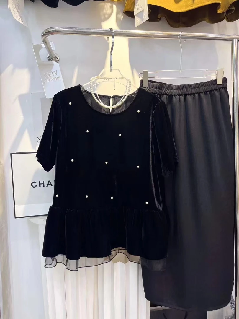 大码夏季法式丝绒钉珠荷叶边显瘦遮肉半袖25619