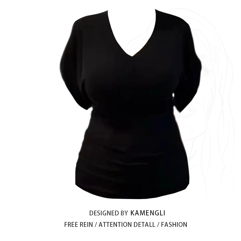 胖mm宽松V领蝙蝠袖短袖t恤女夏季大码显瘦遮肚子设计感上衣