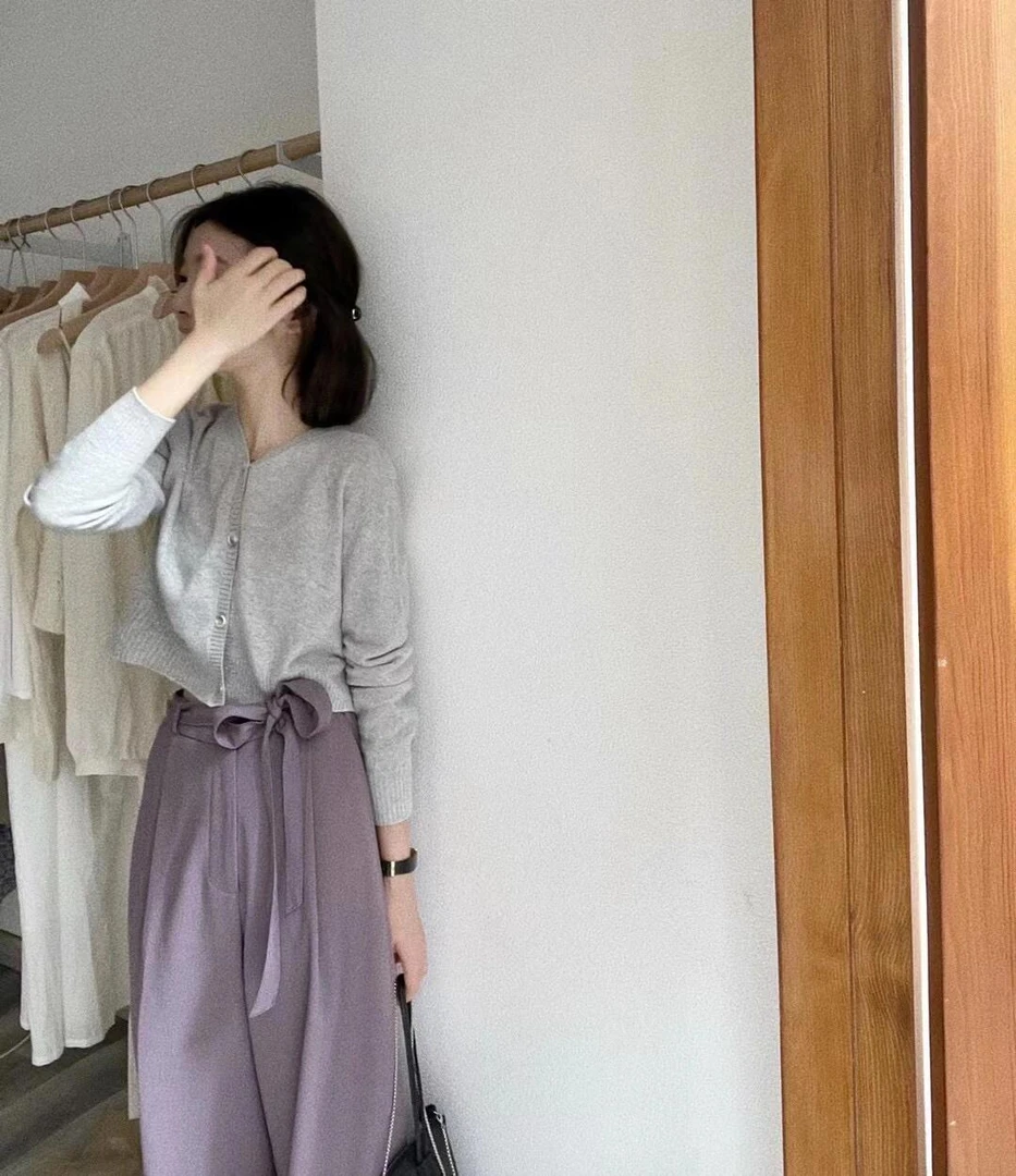 【云淡风轻】韩系ins风韩版气质通勤时尚套装灰色针织上衣紫色长裤