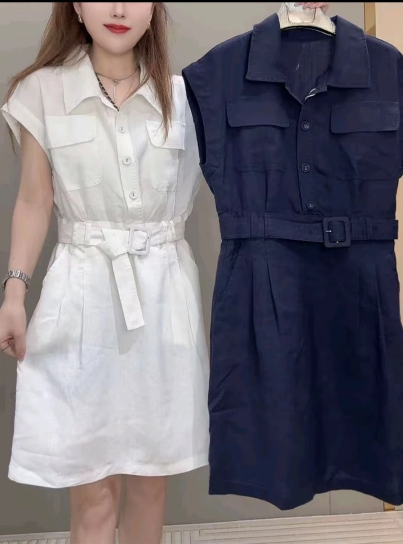 2025夏季新款时尚洋气减龄棉麻透气连衣裙短袖收腰显瘦休闲工装裙
