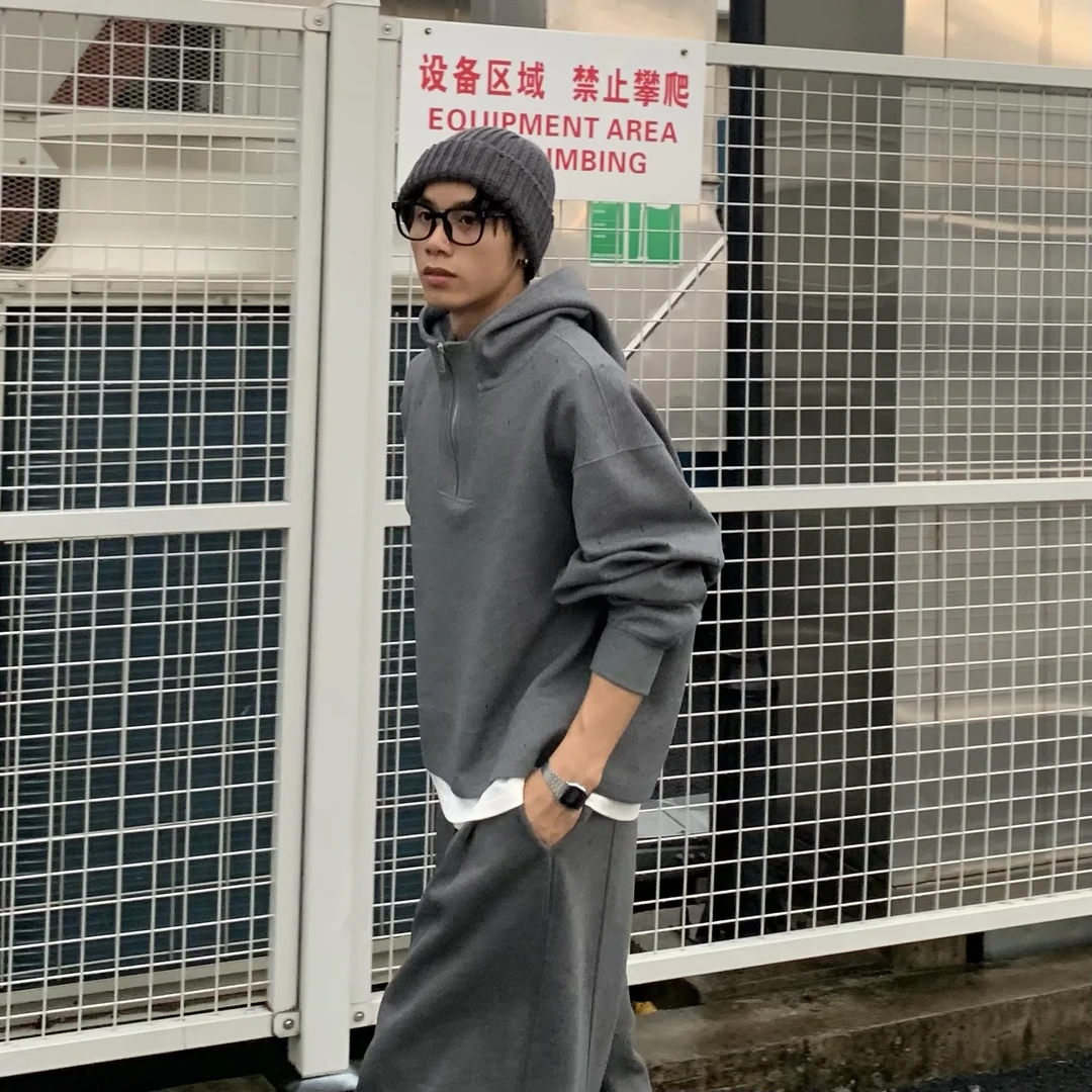 秋季韩系cleanfit 轻奢假两件连帽 卫衣 帽衫 男女同款0835