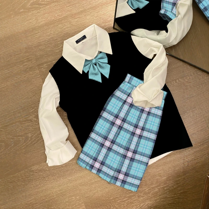 川町香【桅蓝初语】蓝粉白配色原创jk学生格裙百褶裙学院短裙半身裙