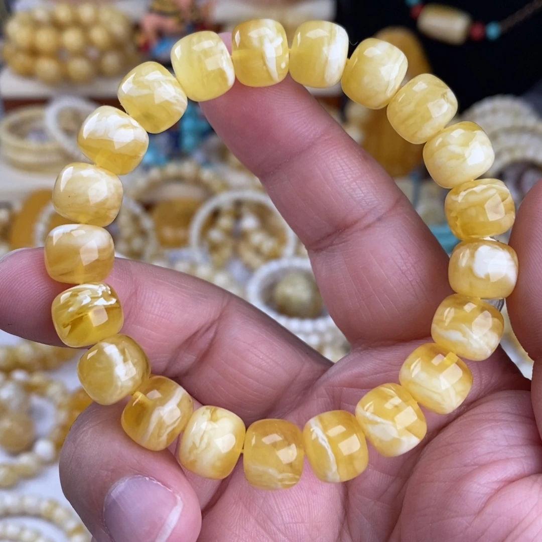 蜜蜡未镶嵌手链金瓷白细纹虎皮11.4mm