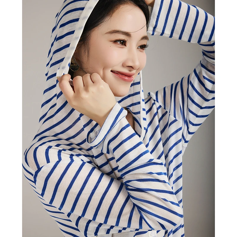 【天丝羊毛】新款长袖连帽防晒修身型条纹休闲薄款针织开衫外套756