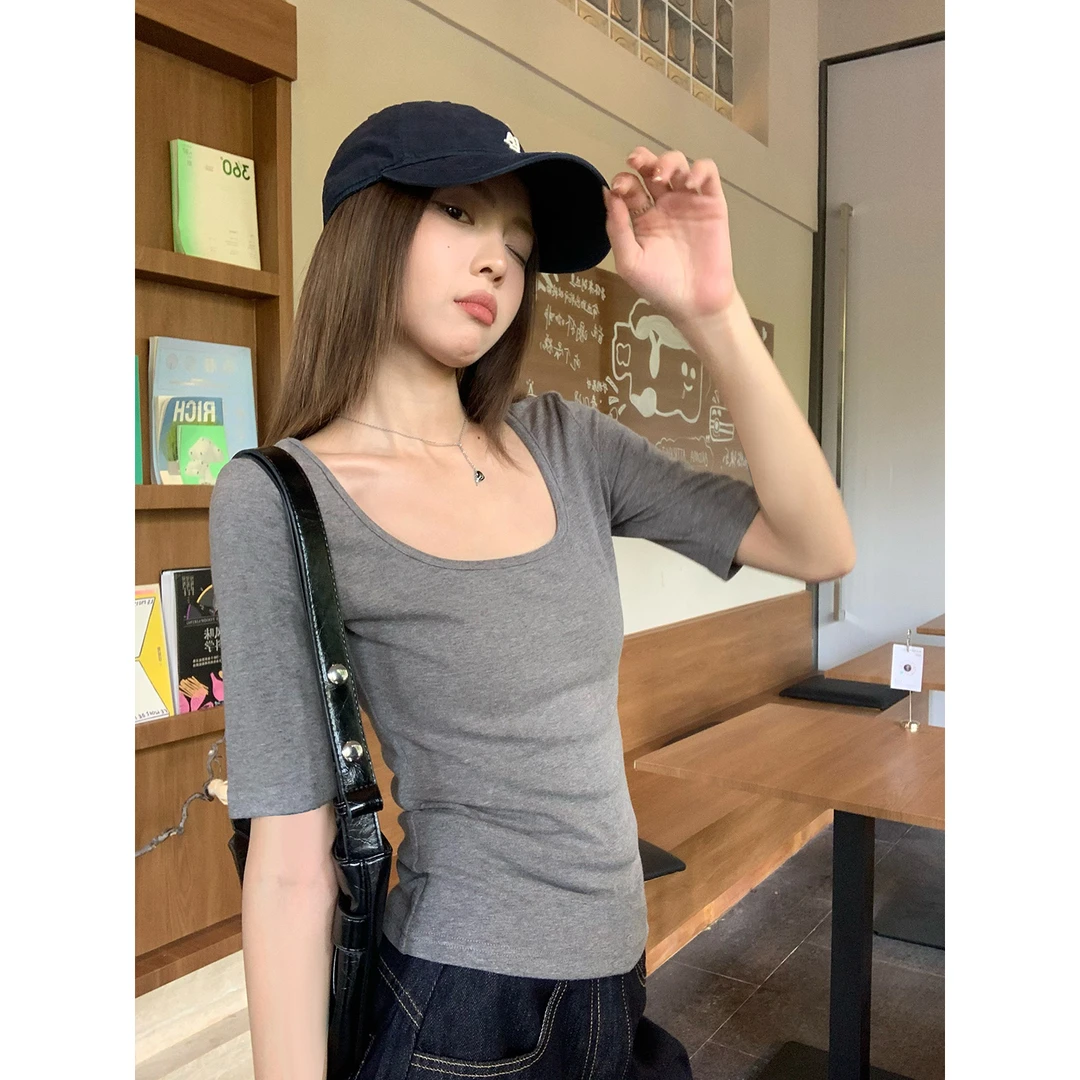 宋正恩U领内搭打底衫t恤女秋五分袖正肩修身纯色百搭上衣AA25970