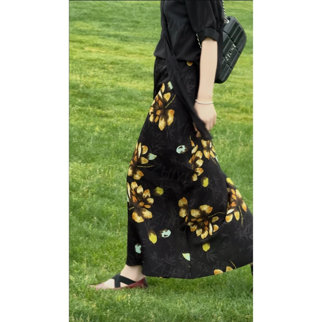 【运费险+现货-开叉】高级感气质印花半身裙女垂坠感醋酸缎面长裙