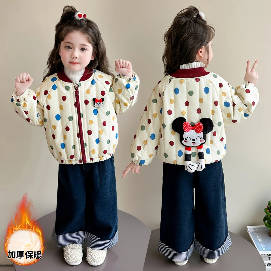 女童圆点加厚外套秋冬季2025新款女宝宝卡通夹棉棉服儿童洋气冬装