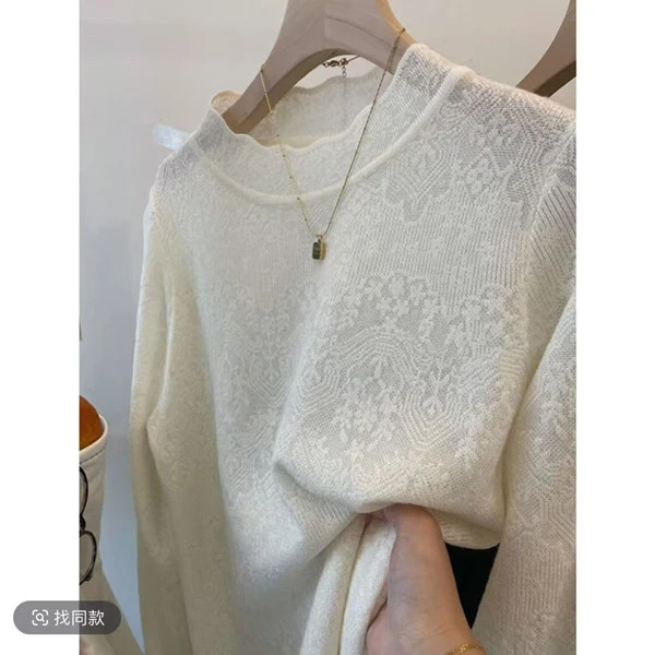 2025春季花边蕾丝打底衫别致提花长袖针织衫女士镂空上衣半高领