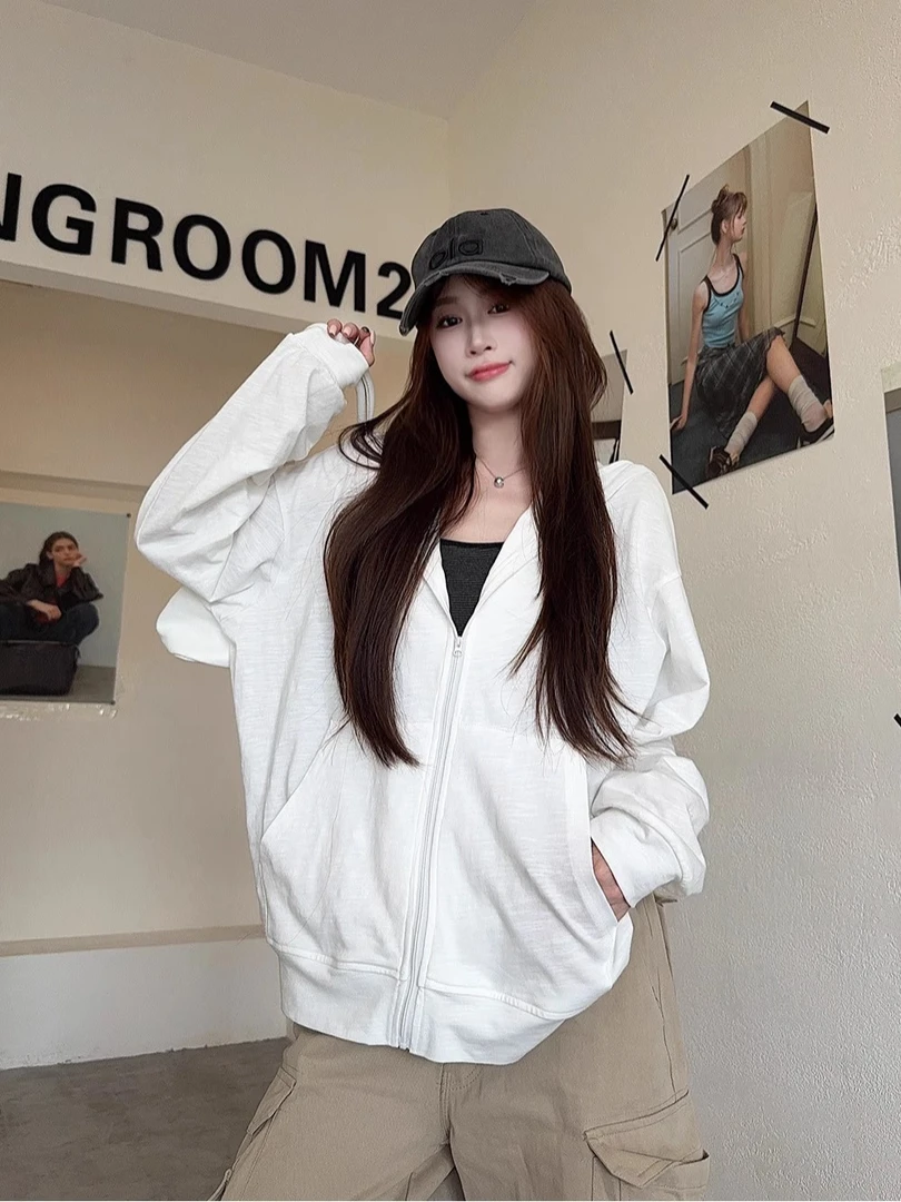 希妮丝 韩系小众女生韩系ins衣服新款修身透气连帽卫衣女防晒开衫